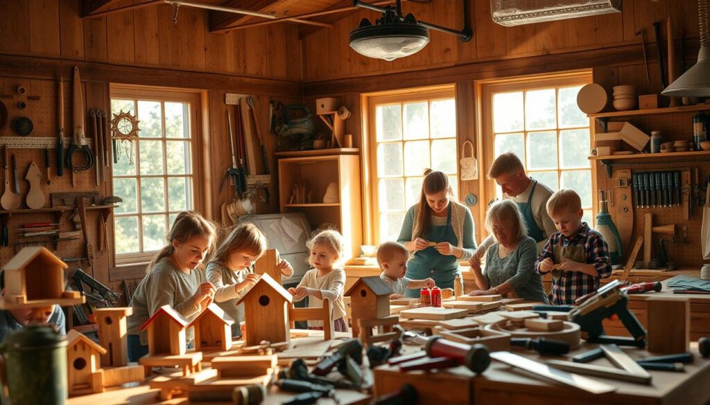 A cozy family workshop in a warm, well-lit room. In the foreground, a group of adults and children collaboratively crafting wooden projects - small birdhouses, shelves, and toys. Sunlight streams in through large windows, casting a soft, golden glow. Hanging tools and materials line the walls, creating an atmosphere of creativity and togetherness. In the background, a workbench overflows with saws, hammers, and other woodworking tools, hinting at the shared making activities. The scene evokes a sense of communal learning, quality time, and the joy of creating something with one's own hands.