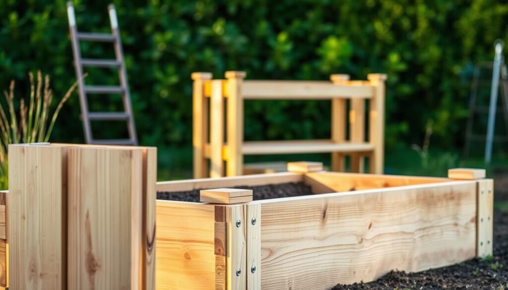 A rustic, wooden raised garden bed with a simple, step-by-step construction manual. The foreground shows a detailed view of the wooden planks and joints, showcasing the materials and techniques required to build the sturdy, rectangular structure. The middle ground depicts the fully assembled raised bed from a slightly elevated angle, highlighting its clean, natural design and integration with the surrounding garden landscape. The background features a blurred, verdant backdrop, emphasizing the outdoor, gardening-focused context. The scene is lit by warm, natural lighting, casting gentle shadows and evoking a serene, countryside atmosphere. The overall composition conveys a practical, easy-to-follow guide for constructing a high-quality, durable raised garden bed using basic carpentry skills.