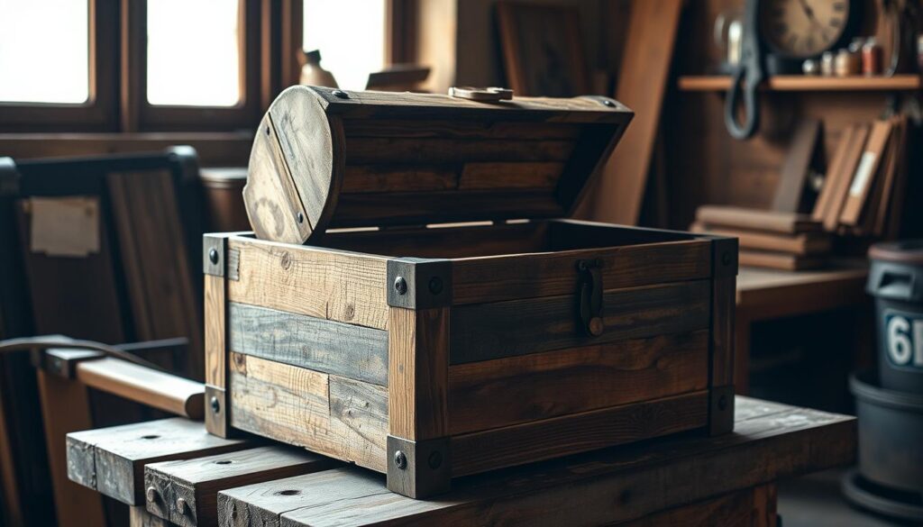 A rustic wooden treasure chest, weathered and worn with age, sits atop a sturdy workbench. The rich, earthy tones of the distressed wood are accentuated by soft, natural lighting that filters in through a nearby window, casting gentle shadows that enhance the intricate details of the handcrafted design. The chest's lid is slightly ajar, revealing a glimpse of the hidden contents within, inviting the viewer to imagine the stories and treasures it might hold. The scene exudes a sense of warmth, nostalgia, and the simple pleasures of crafting with one's own hands.