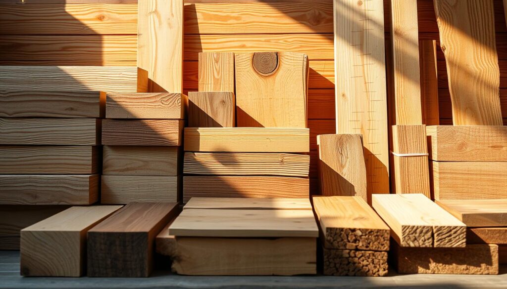 A well-lit, detailed image of an arrangement of various wooden boards and planks, showcasing the different types of wood suitable for building a raised garden bed (Hochbeet). The foreground features a selection of wood samples, including oak, cedar, pine, and douglas fir, arranged in an organized, visually-appealing manner. The middle ground depicts the textural qualities and grain patterns of the wood, while the background provides a clean, neutral setting to highlight the materials. The lighting is natural and warm, casting subtle shadows that accentuate the depth and dimensions of the wooden pieces. The overall mood is one of informative simplicity, inviting the viewer to closely examine the properties and characteristics of the wood options for their own Hochbeet construction project.