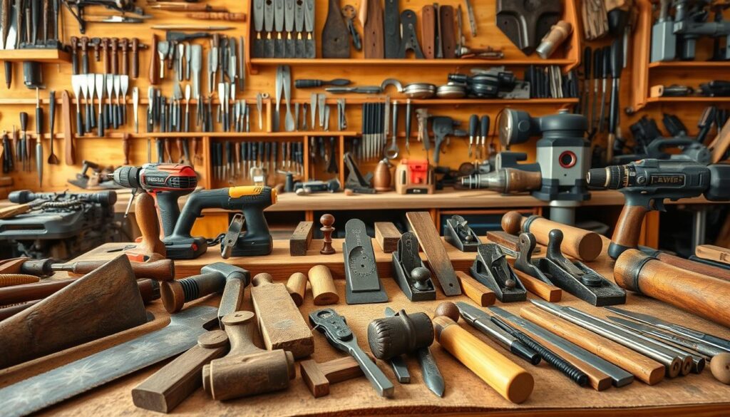 A workshop scene showcasing a harmonious blend of traditional and modern woodworking tools. In the foreground, a well-worn chisel, a handsaw with a weathered wooden handle, and a sturdy hammer sit alongside sleek electric sanders, cordless drills, and a precision router. In the middle ground, a workbench displays a variety of chisels, planes, and files, their metallic surfaces gleaming under the warm, natural lighting. In the background, shelves hold an assortment of specialty tools, from vintage hand planes to state-of-the-art CNC machines, all contributing to the rich tapestry of woodworking history and innovation. The scene radiates a sense of timeless craftsmanship, where the enduring traditions of the past harmonize with the technological advancements of the present, creating a captivating visual representation of the evolution of woodworking tools.