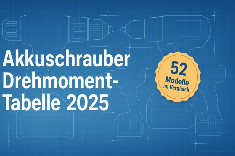 Holzschrauben Vorbohren: Tabelle + Rechner (2025) 8 Professionelles Header-Bild mit blauem Gradient, weißen Text „Akkuschrauber Drehmoment-Tabelle 2025“, gelbem Badge „52 Modelle im Vergleich“ und technischen Silhouetten von Akkuschraubern im Blueprint-Stil.
