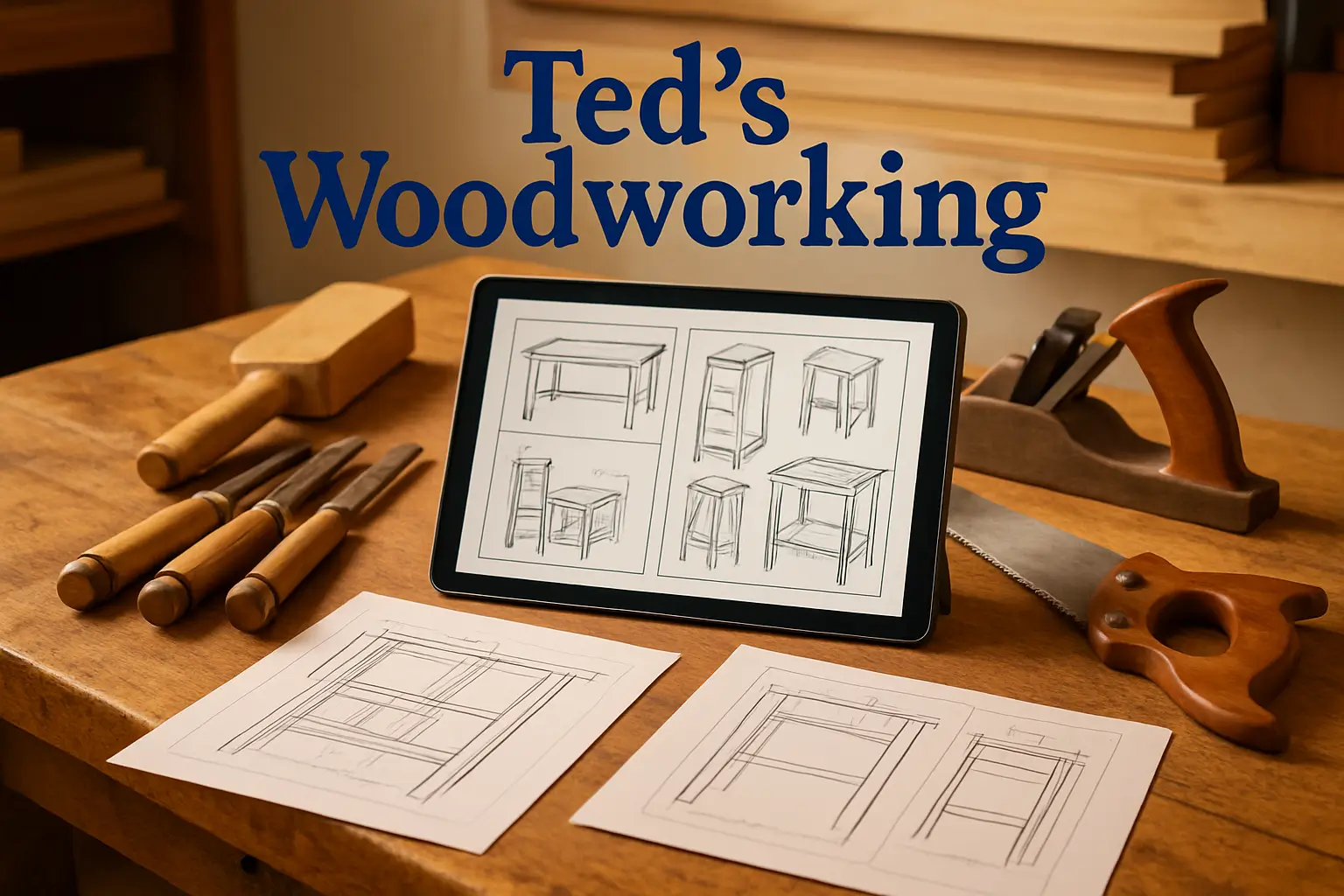 Ted's Woodworking Test 2025: 16.000 Pläne für 67€ - Genial oder Betrug? 1 Ted's Woodworking Bewertung 2025 - Holzwerkstatt mit Werkzeugen, Bauplänen und digitalem Tablet, das 16000 Holzbearbeitungspläne für 67 Euro zeigt