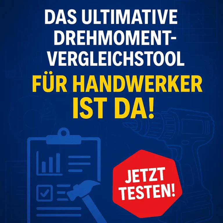 Clickbait-Headergrafik auf Deutsch mit großem Text „Das ultimative Drehmoment-Vergleichstool für Handwerker ist da!“ und rotem Badge „Jetzt testen!“, im Hintergrund Werkzeug-Silhouetten und Blaupause-Design.