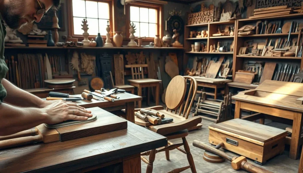 A detailed woodworking restoration workshop, filled with an array of traditional tools and materials. In the foreground, a skilled craftsman carefully sands a vintage wooden chair, their hands expertly gliding over the surface. The middle ground showcases a variety of chisels, hammers, and other specialized instruments neatly arranged on a sturdy workbench. The background reveals intricate wood carvings, half-finished projects, and shelves stocked with an assortment of wood types and finishes, all bathed in the warm glow of natural lighting filtering through large windows. The scene conveys a sense of reverence for the craft, where knowledge, patience, and a deep appreciation for the material are essential elements in the restoration of historical wooden objects.