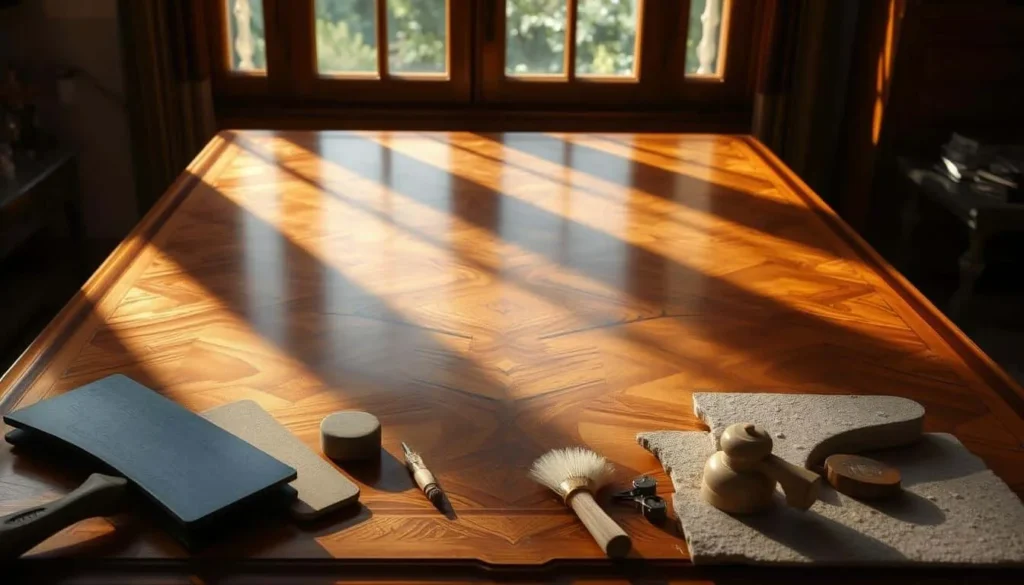 A finely crafted wooden table, its surface adorned with intricate patterns and textures, stands before a large window. Ribbons of light cascade across the polished surface, revealing the delicate layers of veneer that have been meticulously restored. In the foreground, a set of specialized tools—scrapers, sanding blocks, and delicate brushes—hint at the careful attention required to bring this antique surface back to life. The scene is bathed in a warm, golden glow, evoking a sense of timeless elegance and the enduring beauty of fine woodworking. A serene, contemplative atmosphere pervades the space, inviting the viewer to appreciate the artistry and craftsmanship of this furniture restoration process.