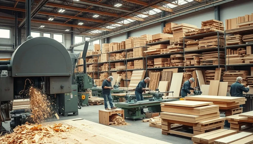 A large, well-lit factory interior filled with a variety of wood-working machinery. In the foreground, a massive industrial-grade band saw slices through a thick log, shavings and sawdust flying. In the middle ground, a team of workers operate a series of electric planers, sanders, and routers, smoothing and shaping wooden beams and panels. In the background, towering shelves and storage racks hold an array of finished wooden products ready for assembly or shipment. A network of overhead conveyor belts transports materials between workstations. The scene has a sense of precision, efficiency, and technological progress, capturing the "Maschinelle Revolution und industrielle Fortschritte" of modern wood-working.