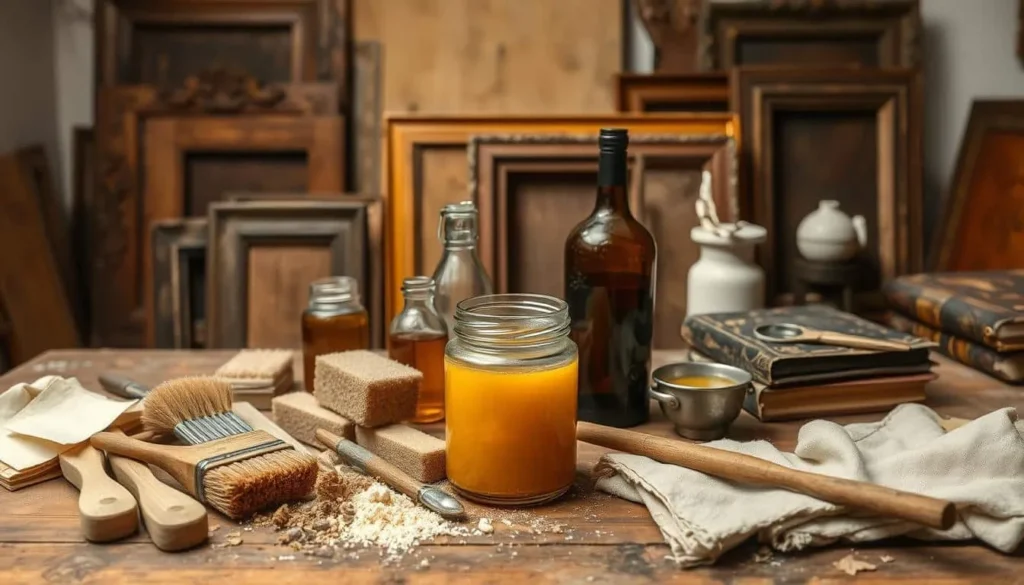 A workshop table filled with historical surface treatment materials and tools. In the foreground, a selection of brushes, natural sponges, and cloth rags. In the middle ground, an open jar of amber-colored shellac, a bottle of linseed oil, and a small pot of beeswax. The background features a collection of salvaged wood panels, old varnished frames, and a worn leather-bound book. Soft, diffused lighting creates a warm, inviting atmosphere, highlighting the textures and colors of the antique materials. A sense of craftsmanship and preservation pervades the scene, reflecting the skill and care required for historical surface restoration.