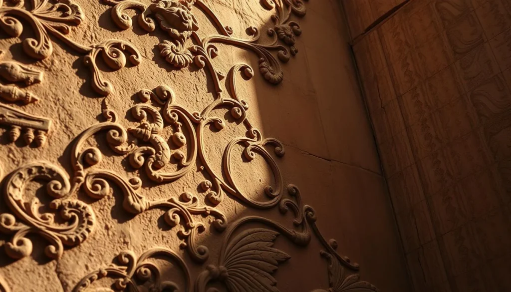 Detailed intricate relief structures adorning ancient walls, showcasing exquisite craftsmanship. Undulating patterns and organic textures etched into the plaster, casting dramatic shadows and highlights. Ornate designs with a timeless, tactile quality, evoking a sense of history and human touch. Warm, muted tones with a slight patina, illuminated by soft, directional lighting that accentuates the depth and dimensionality of the relief. Captured from a low angle to emphasize the architectural scale and majestic presence of these decorative surface techniques. An atmosphere of reverence and appreciation for the skilled artistry of the past.