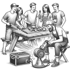 Drawing of a group of friends having a barbecue in a backyard with one of them using a portable grinder with extraction to sharpen the barbecue tools