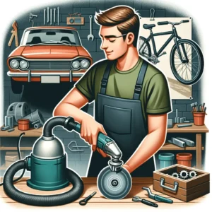 Illustration of a DIY enthusiast in a garage using a handheld grinder with extraction to work on a personal project. The background shows a bicycle b