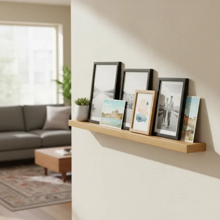 Bilderleiste aus Eichenholz an der Wand mit Fotos und Postkarten