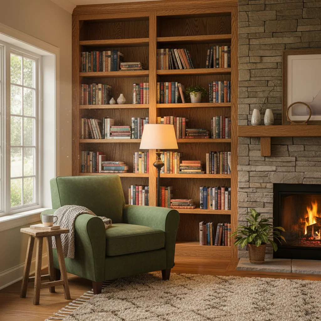 Großes Bücherregal aus Eichenholz voller Bücher im Wohnzimmer