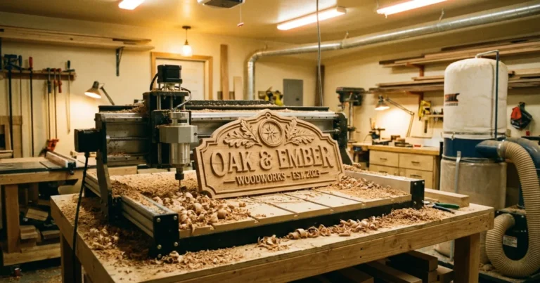 CNC Fräse für Holz in einer Werkstatt beim Fräsen eines Holzschildes