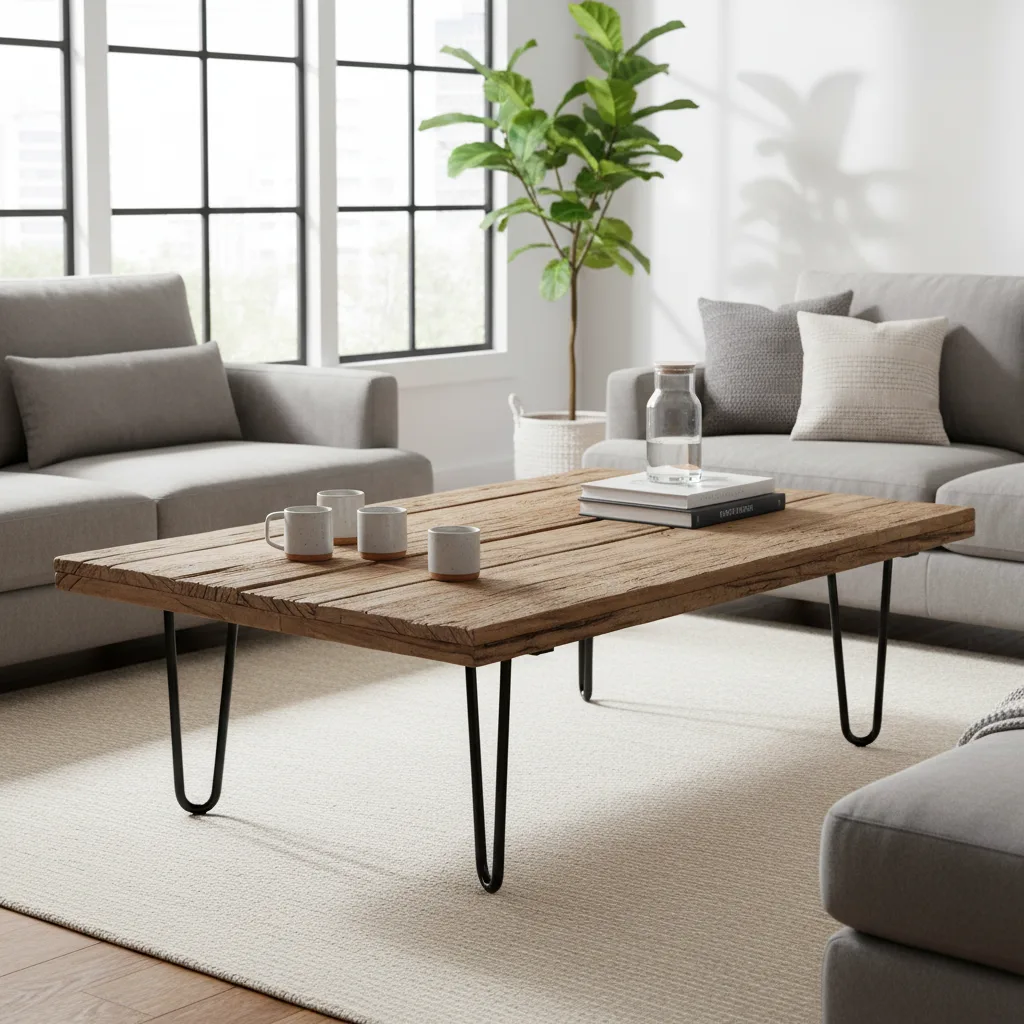 Couchtisch aus alten Bohlen selber bauen: Anleitung für Heimwerker 1 Rustikaler Couchtisch aus Altholz mit Hairpin-Beinen aus Stahl