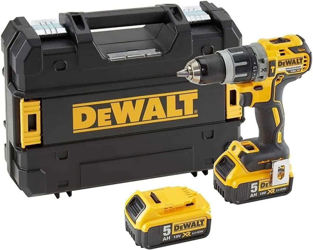 DeWalt cordless hammer drill / driver (18 V, 5 Ah, with LED work light, brushless motor technology, two-speed all-metal gear, incl. 2x batteries, system quick charger and Tstak box), DCD796P2