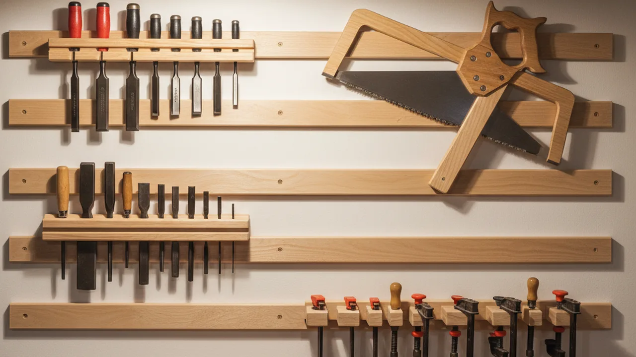 French Cleat System an der Werkstattwand mit aufgehängten Werkzeugen