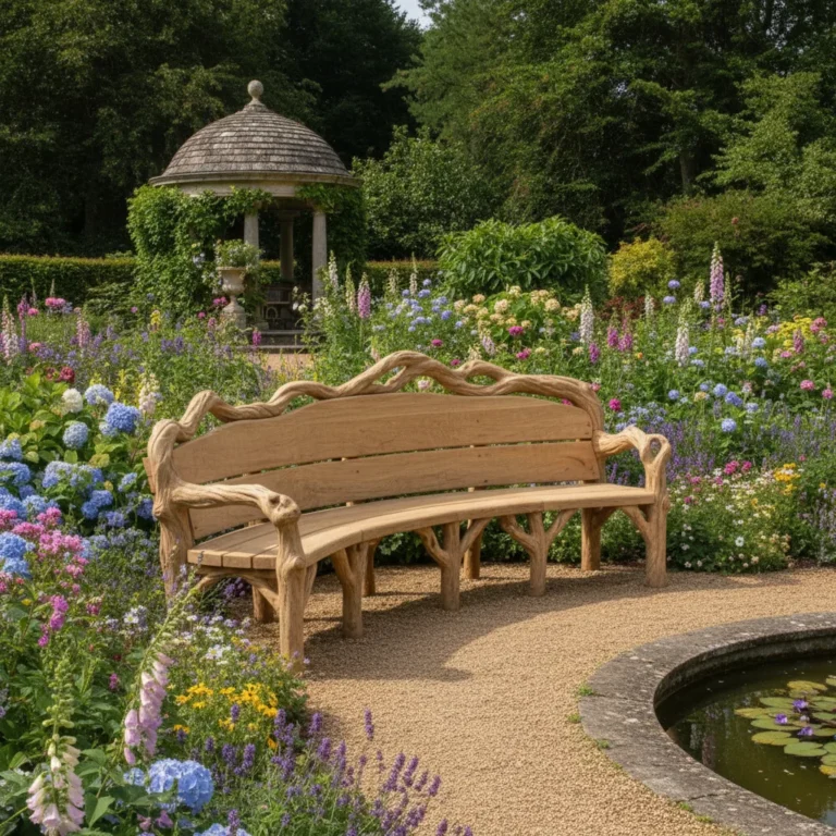 Massive Gartenbank aus Eichenholz in einem Garten
