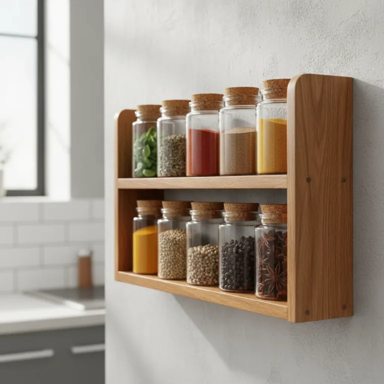 Holz-Gewürzregal mit Glasgläsern an der Küchenwand montiert