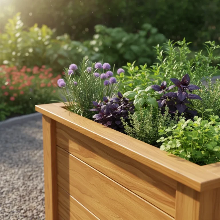 Hochbeet aus Lärchenholz im sonnigen Garten mit Kräutern