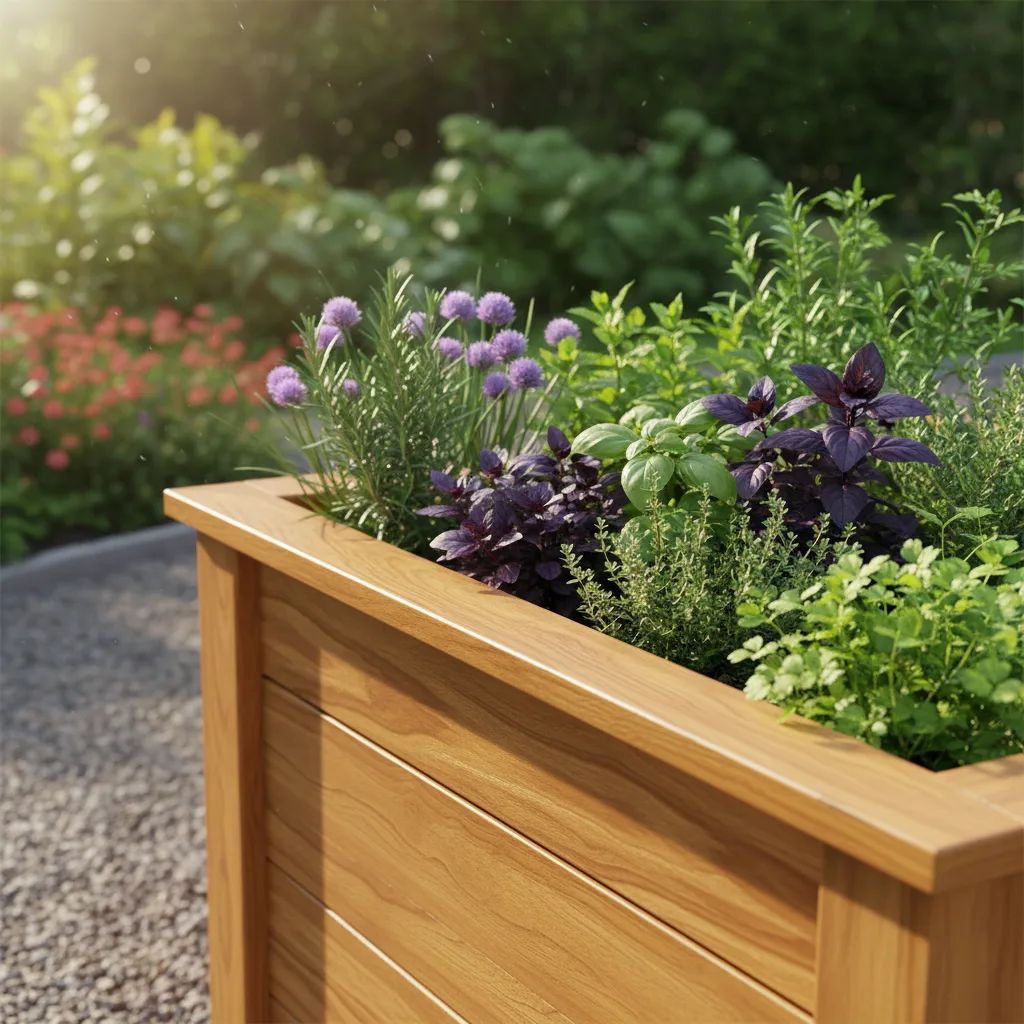 Hochbeet aus Lärchenholz selber bauen: Anleitung für Heimwerker 1 Hochbeet aus Lärchenholz im sonnigen Garten mit Kräutern