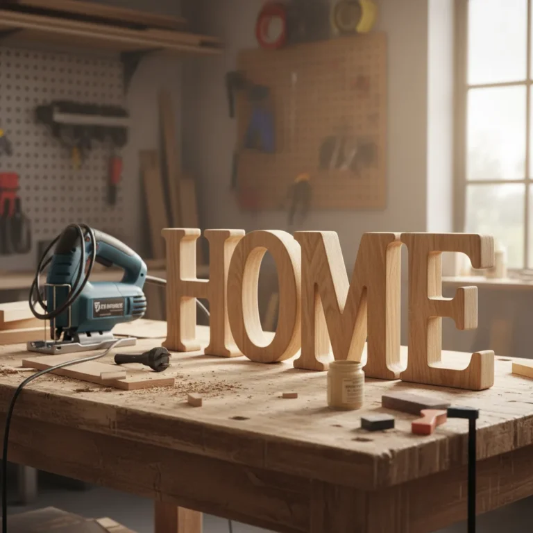 Holzbuchstaben HOME auf einer Werkbank neben einer Stichsäge