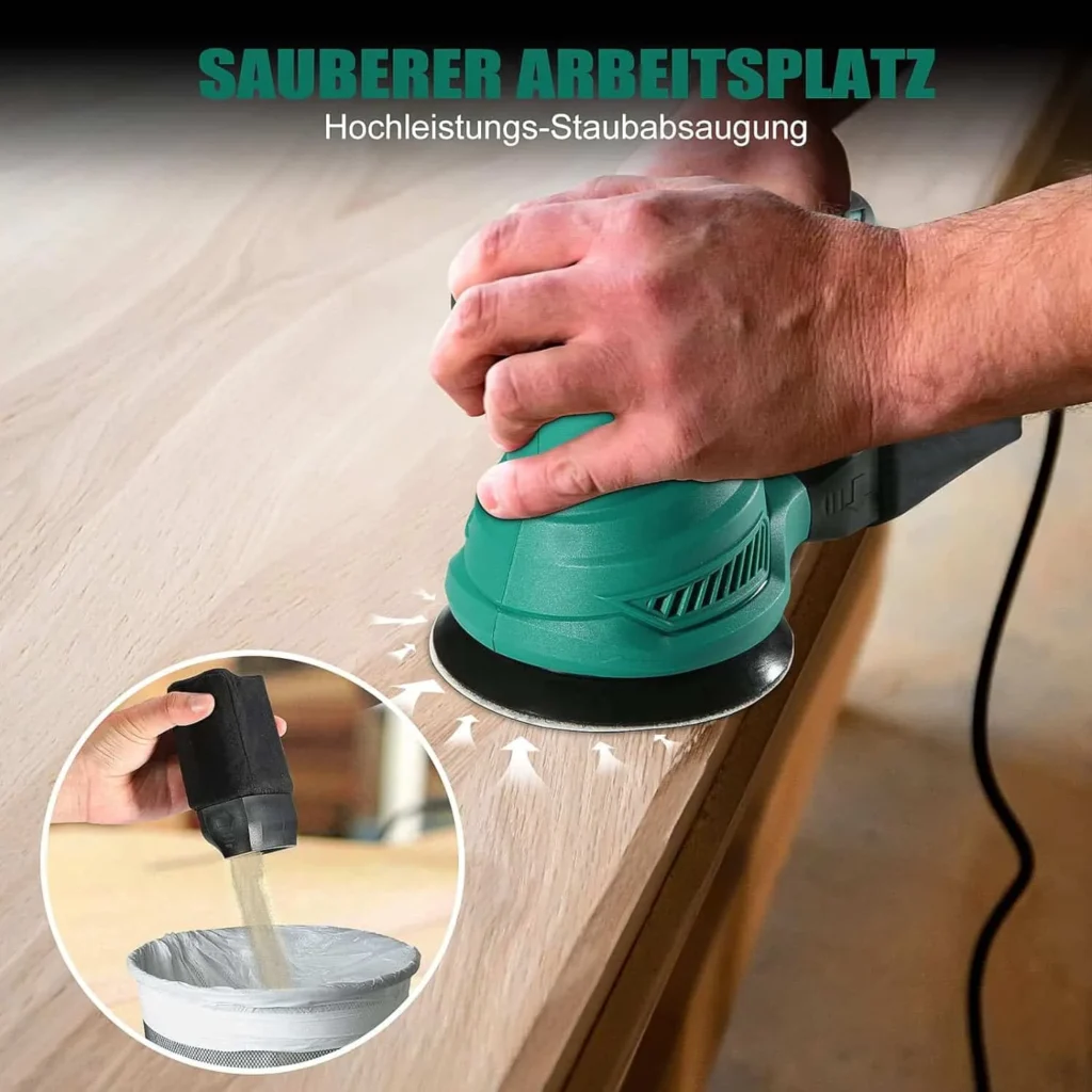 Hychika 300 W Random Orbital Sander, 6 Speeds, Wired with 12 Pieces Sandpaper (Grit 80/120/240, 8 Holes, 125 mm), Sander with Extraction, Dust Catcher Container Hychika 300 W Random Orbital Sander, 6 Speeds, Wired with 12 Pieces Sandpaper (Grit 80/120/240, 8 Holes, 125 mm), Sander with Extraction, Dust Catcher Container