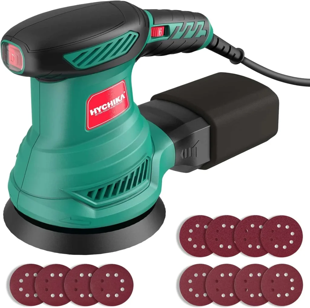 Hychika 300 W Random Orbital Sander, 6 Speeds, Wired with 12 Pieces Sandpaper (Grit 80/120/240, 8 Holes, 125 mm), Sander with Extraction, Dust Catcher Container Hychika 300 W Random Orbital Sander, 6 Speeds, Wired with 12 Pieces Sandpaper (Grit 80/120/240, 8 Holes, 125 mm), Sander with Extraction, Dust Catcher Container