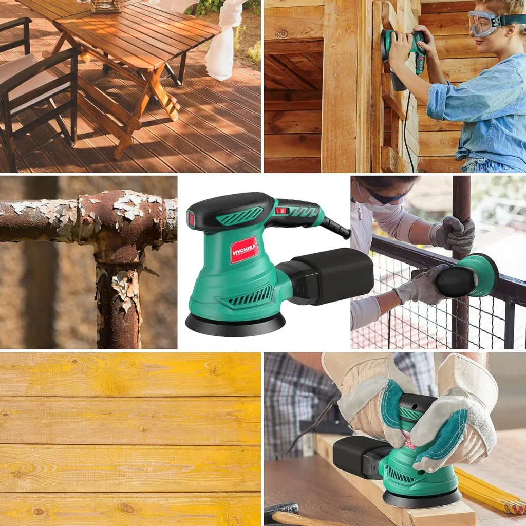 Hychika 300 W Random Orbital Sander, 6 Speeds, Wired with 12 Pieces Sandpaper (Grit 80/120/240, 8 Holes, 125 mm), Sander with Extraction, Dust Catcher Container Hychika 300 W Random Orbital Sander, 6 Speeds, Wired with 12 Pieces Sandpaper (Grit 80/120/240, 8 Holes, 125 mm), Sander with Extraction, Dust Catcher Container