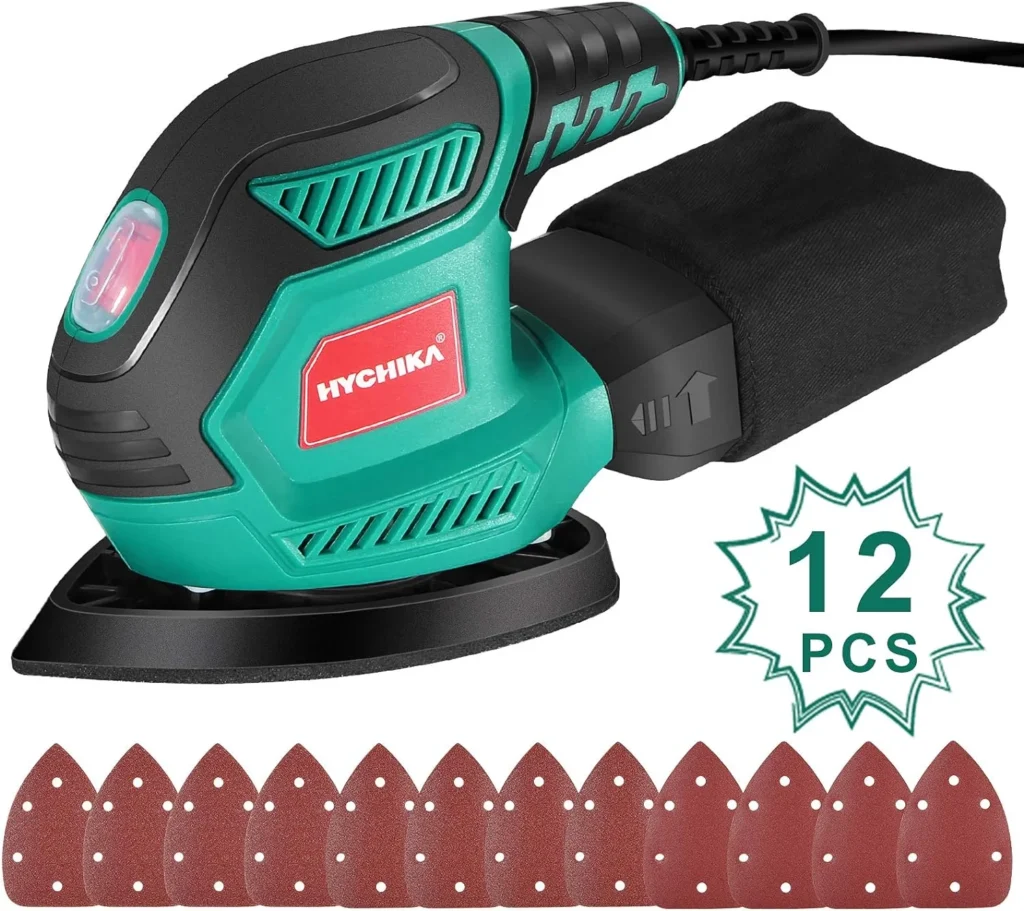 Hychika Delta Sander 200 W with 12 Sanding Sheets (Grit 80/120/240), 14000 rpm, Velcro Fix System, Vacuum Bag, Sanding Machine for Corner  Edge, Metal  Wood