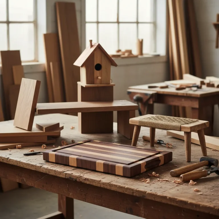 Verschiedene DIY-Holzprojekte auf einer Werkbank: Schneidebrett, Regal, Bank und Vogelhaus
