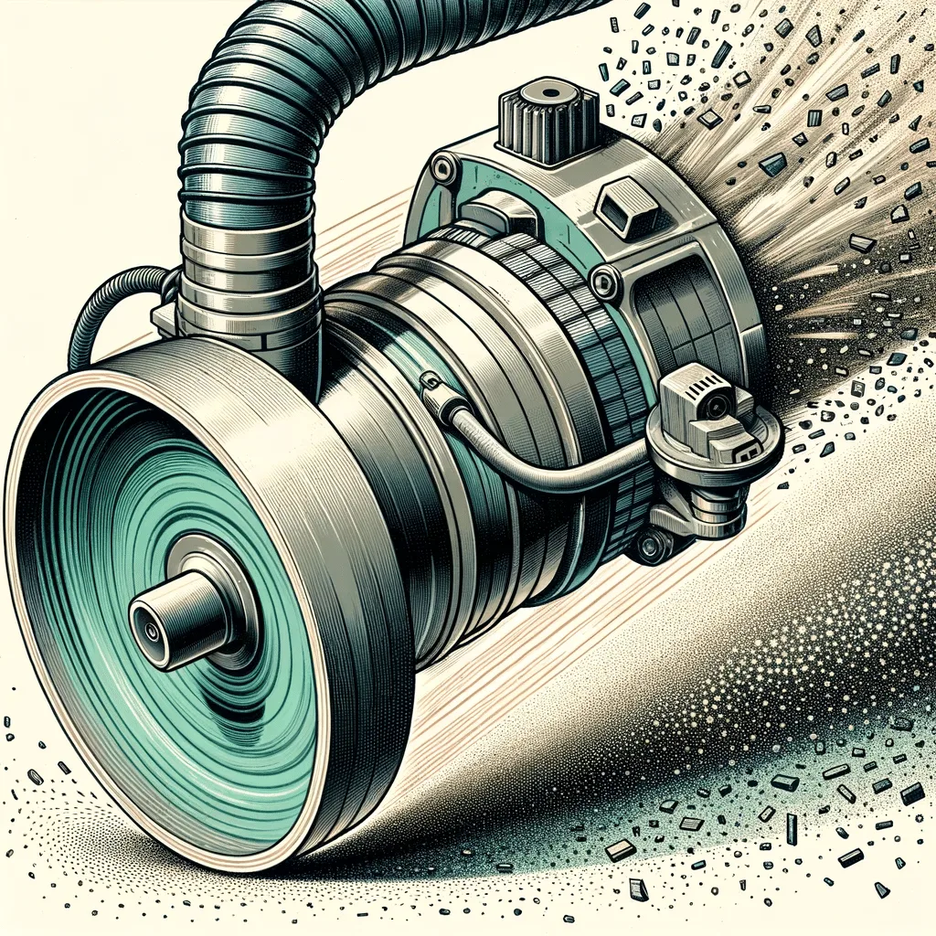 llustration of a close up view of a grinders blade spinning rapidly with an extraction system attached to its side pulling away the fine dust part