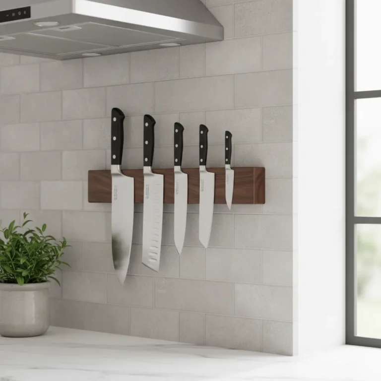 Magnetische Messerleiste aus Holz an der Küchenwand mit Messern