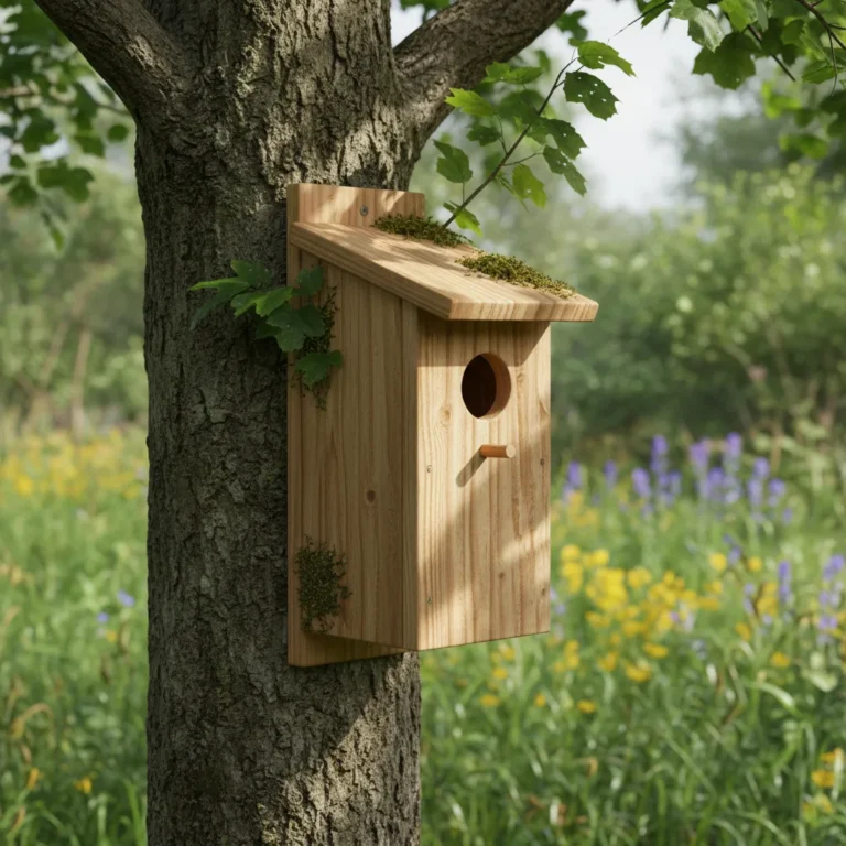 Nistkasten für Meisen selber bauen: Anleitung für Heimwerker 3 Nistkasten aus Holz an einem Baumstamm montiert