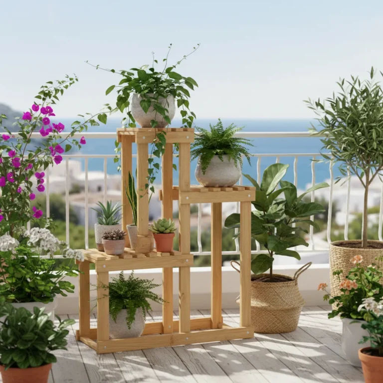 Holz-Pflanztreppe mit vier Stufen auf dem Balkon mit Topfpflanzen