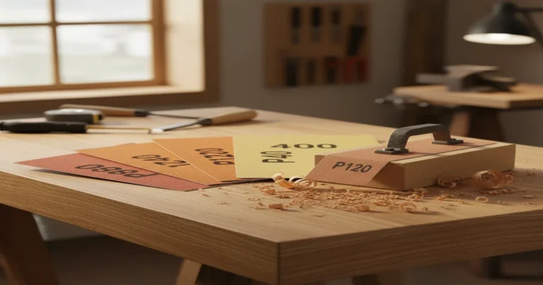 Schleifpapier Körnung: Der ultimative Guide für perfekte Schleifergebnisse 7 Verschiedene Schleifpapier-Körnungen auf einer Holzwerkbank – von grob bis fein für perfekte Holzoberflächen