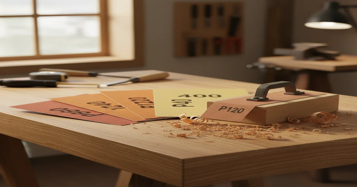 Schleifpapier Körnung Rechner 1 Verschiedene Schleifpapier-Körnungen auf einer Holzwerkbank – von grob bis fein für perfekte Holzoberflächen