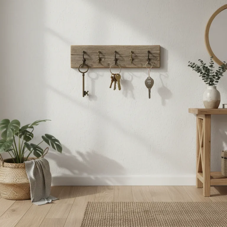 Rustikales Schlüsselbrett aus Holz an der Wand montiert mit Schlüsseln
