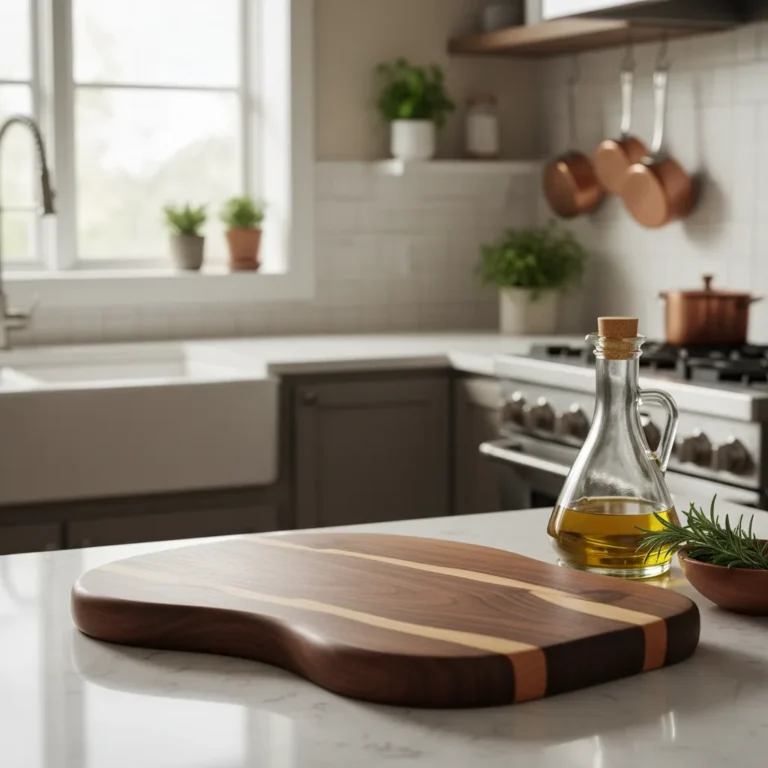Handgemachtes Schneidebrett aus Massivholz auf Küchenarbeitsplatte