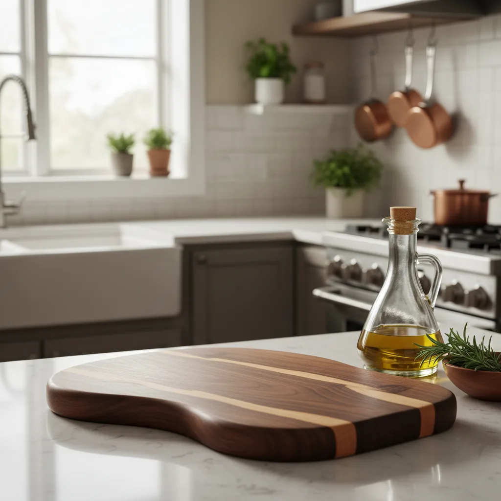 Handgemachtes Schneidebrett aus Massivholz auf Küchenarbeitsplatte