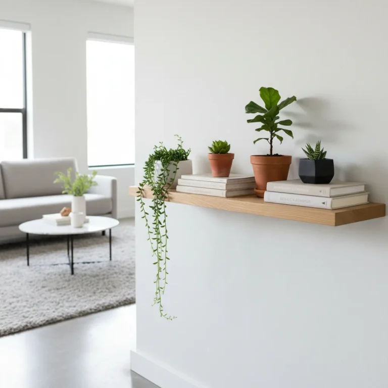 Schwebendes Holzregal an weißer Wand mit Büchern und Pflanzen