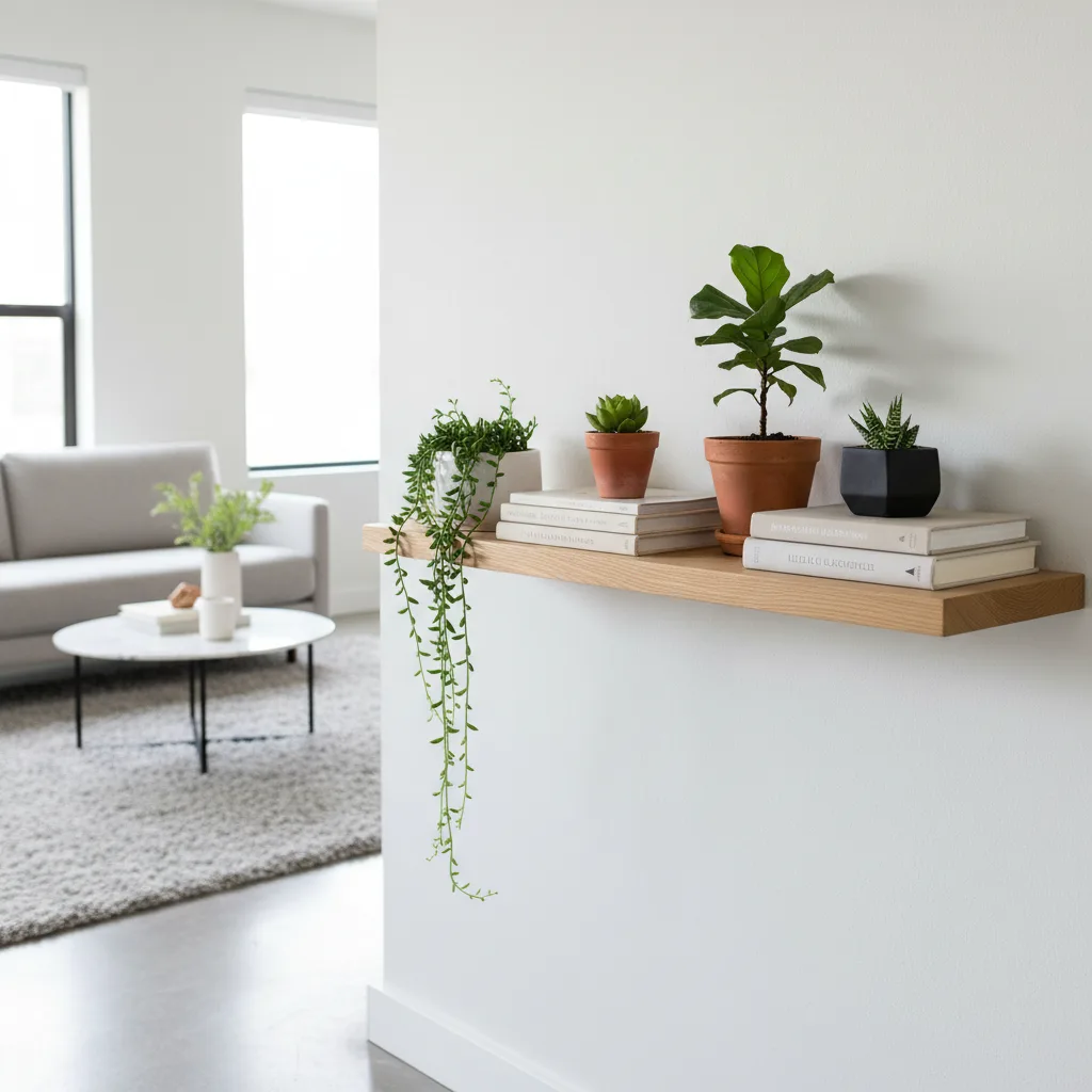 Schweberegal selber bauen: Anleitung für Heimwerker 1 Schwebendes Holzregal an weißer Wand mit Büchern und Pflanzen