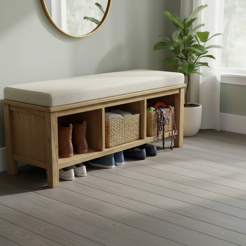 Sitzbank mit Stauraum selber bauen: Anleitung für Heimwerker 1 Holz-Sitzbank mit Stauraum und Sitzkissen im Flur