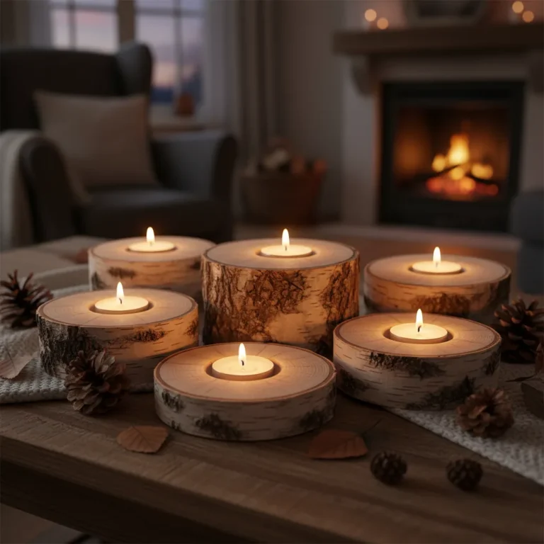 Rustikale Teelichthalter aus Birken-Astscheiben mit brennenden Kerzen