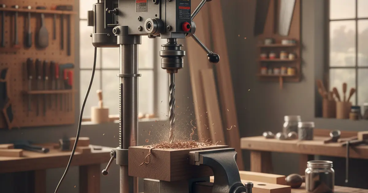 Tischbohrmaschine Test 2026: Die 5 besten Standbohrmaschinen im Vergleich 1 Tischbohrmaschine Test 2026: Standbohrmaschine beim Bohren in Holz auf der Werkbank