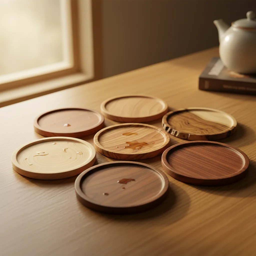 Set aus sechs handgemachten Holzuntersetzern aus verschiedenen Holzarten