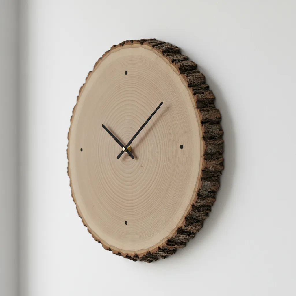 Wanduhr aus einer großen Baumscheibe mit Rindenkanten