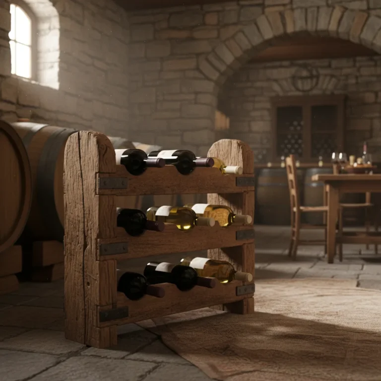 Rustikales Weinregal aus Holz mit sechs Flaschen