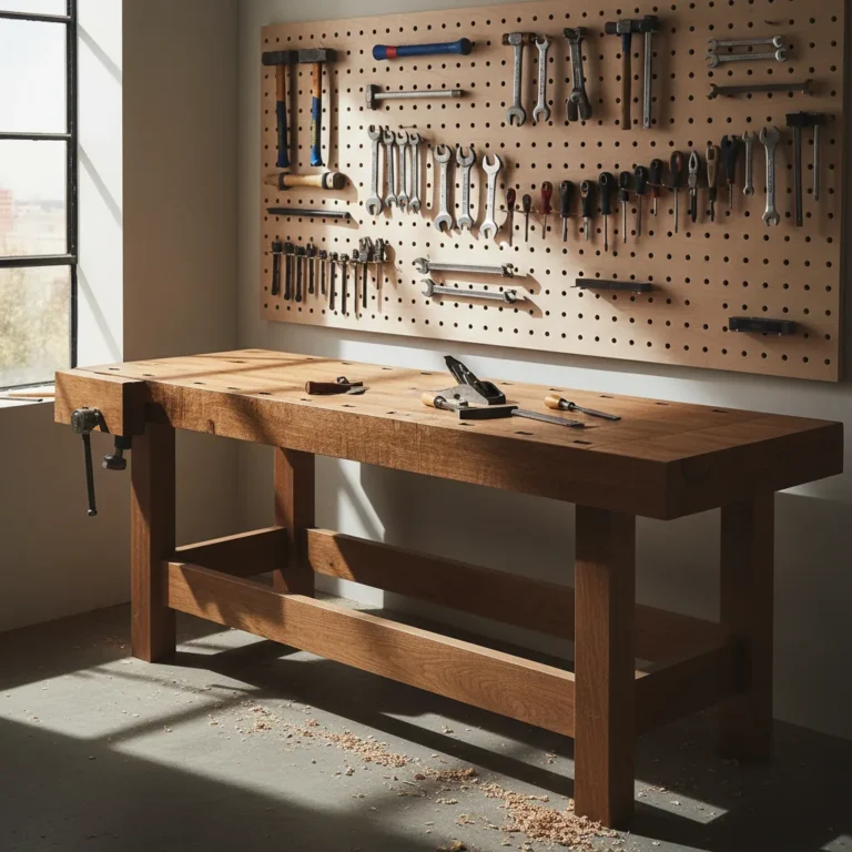 Werkbank selber bauen: Anleitung für Heimwerker 3 Massive Holzwerkbank in einer Werkstatt mit Werkzeug an der Wand