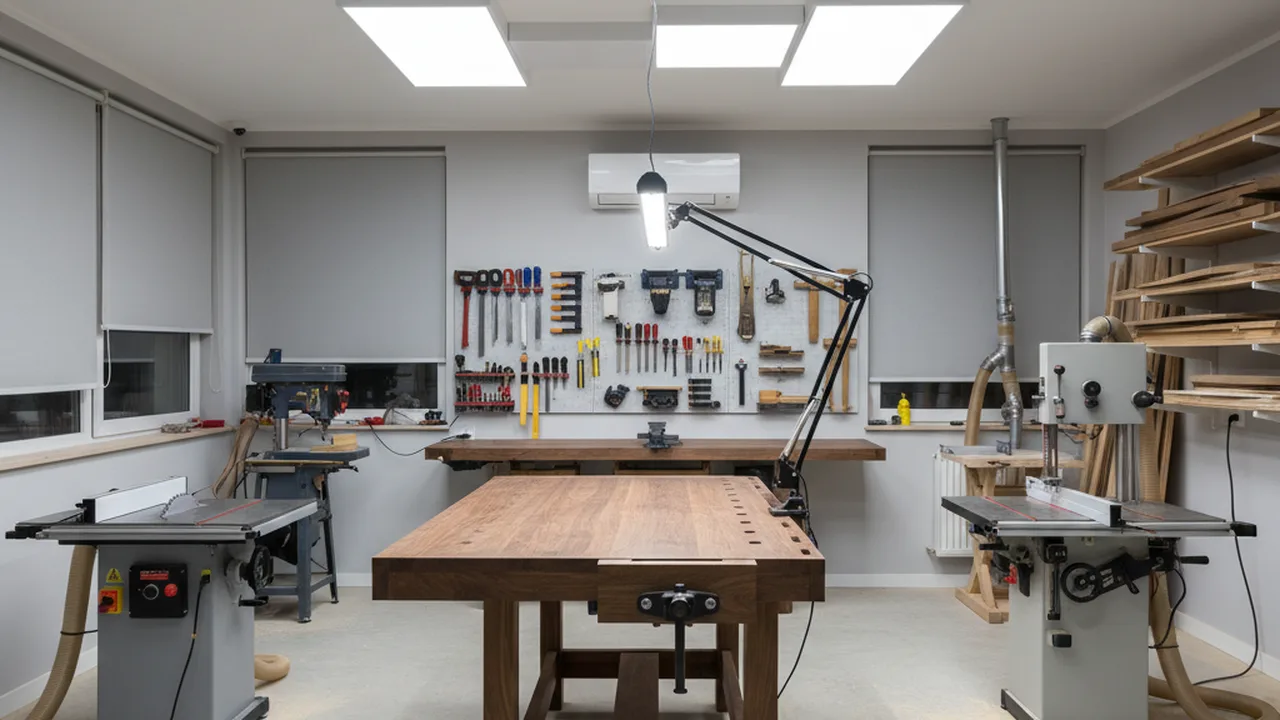 Moderne LED-Beleuchtung in einer Holzwerkstatt mit Deckenleuchten und Arbeitsplatzleuchte